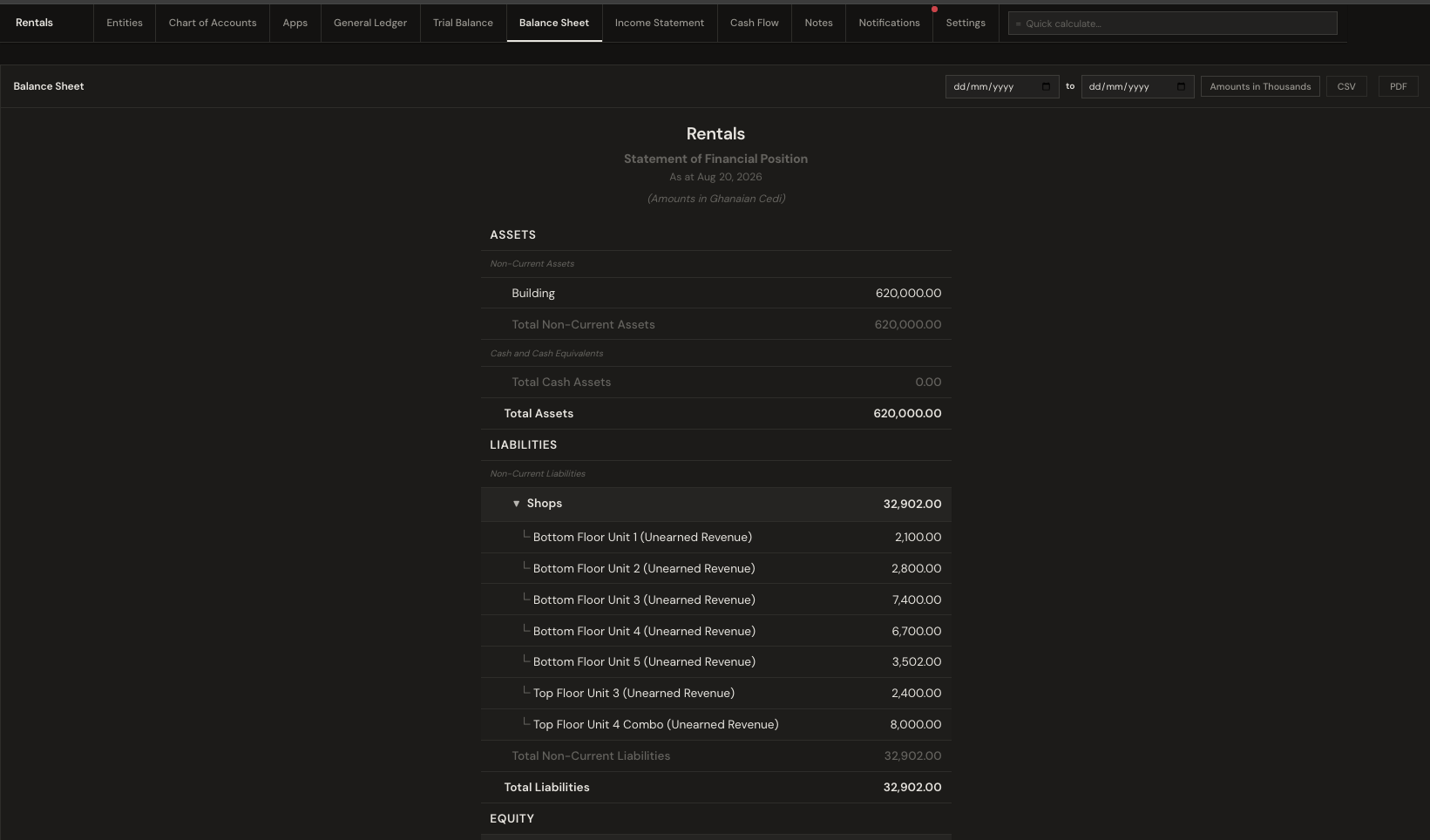 Balance sheet screenshot